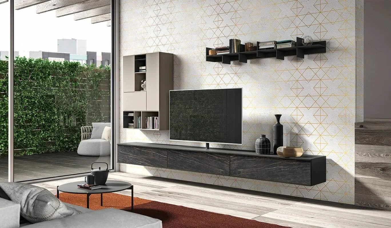 Cinquepuntozero LK02 Italian dark marble suspended media console with TV and modular wall units at ArkNova Interiors Paphos showroom in Cyprus