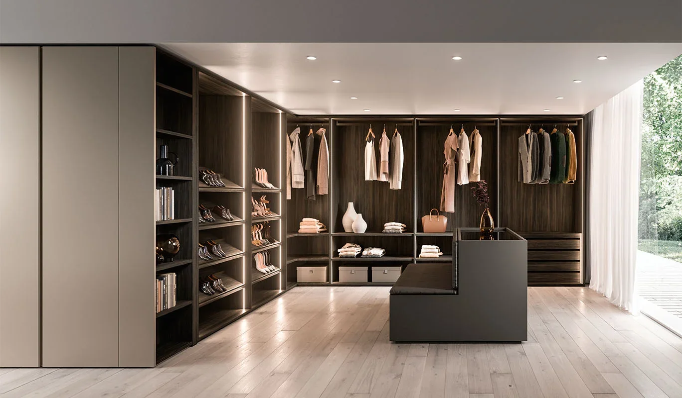 Italian Cinquepuntozero Americano Wardrobe large walk-in closet with illuminated shelving and central island at ArkNova Interiors Paphos showroom in Cyprus