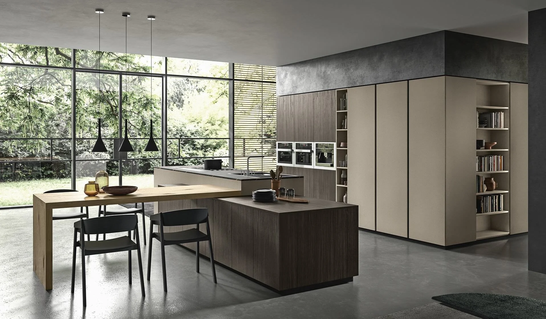 Antares Cucine MK18_G Italian design kitchen with wooden island, dining table and large windows overlooking garden, modern open-plan layout at ArkNova Interiors in Paphos Cyprus