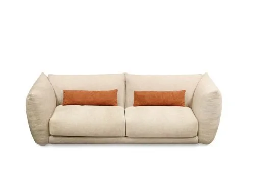 Miki Ferrari Emotion Italian beige two-seater sofa with orange pillows, modern design at ArkNova Interiors Paphos showroom in Cyprus