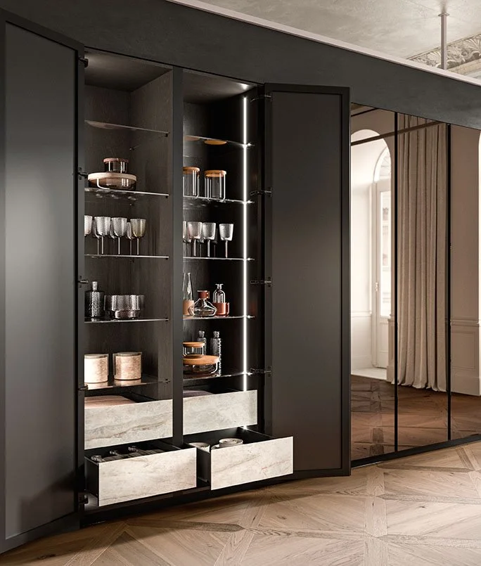 Antares Cucine Skill Frame Italian kitchen tall dark cabinets with illuminated interior storage, available at ArkNova Interiors Cyprus