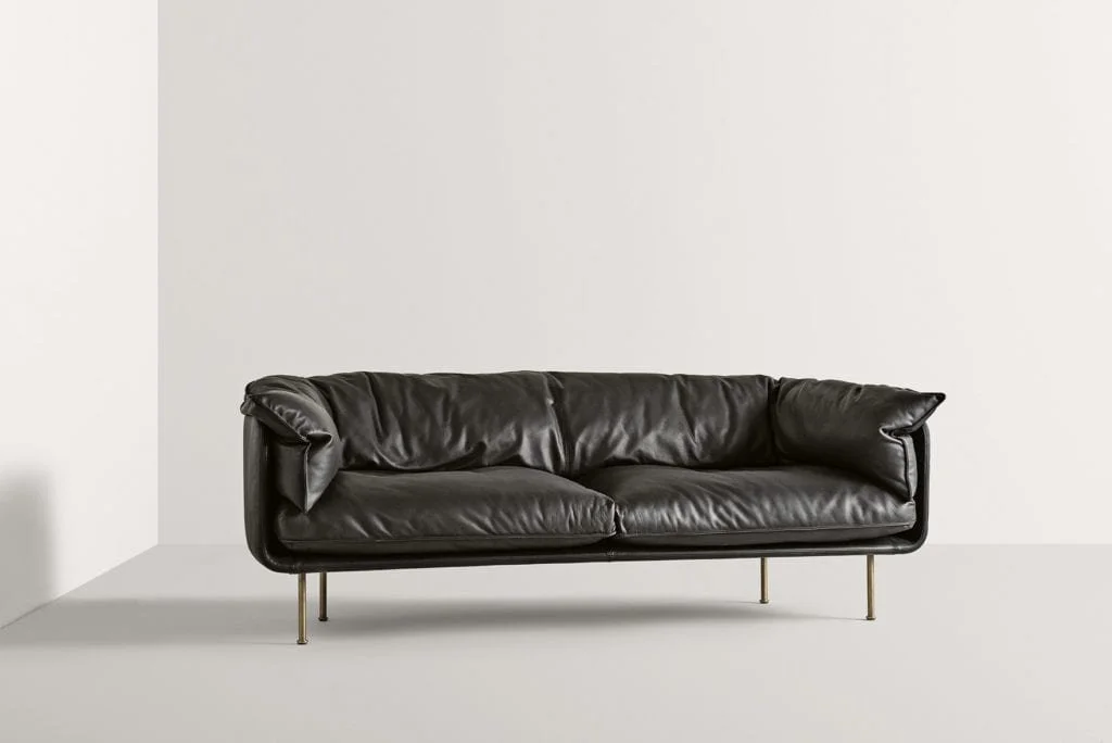 Frag Winnie 240 Italian black leather three-seater sofa with slouchy cushions and brass legs, modern design at ArkNova Interiors Paphos showroom in Cyprus