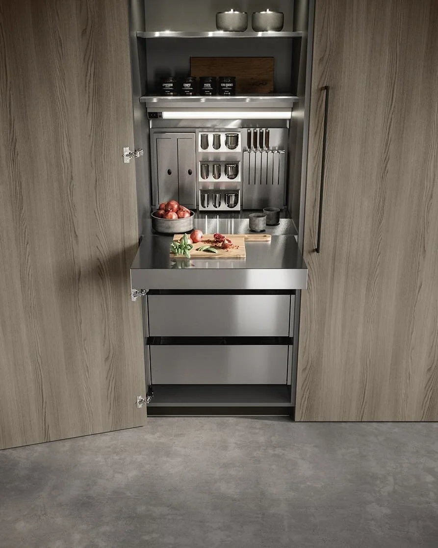 Antares Cucine MK18_M Italian modern kitchen pull-out stainless steel workstation with integrated spice rack, knife block, LED lighting and hidden storage at ArkNova Interiors in Paphos Cyprus