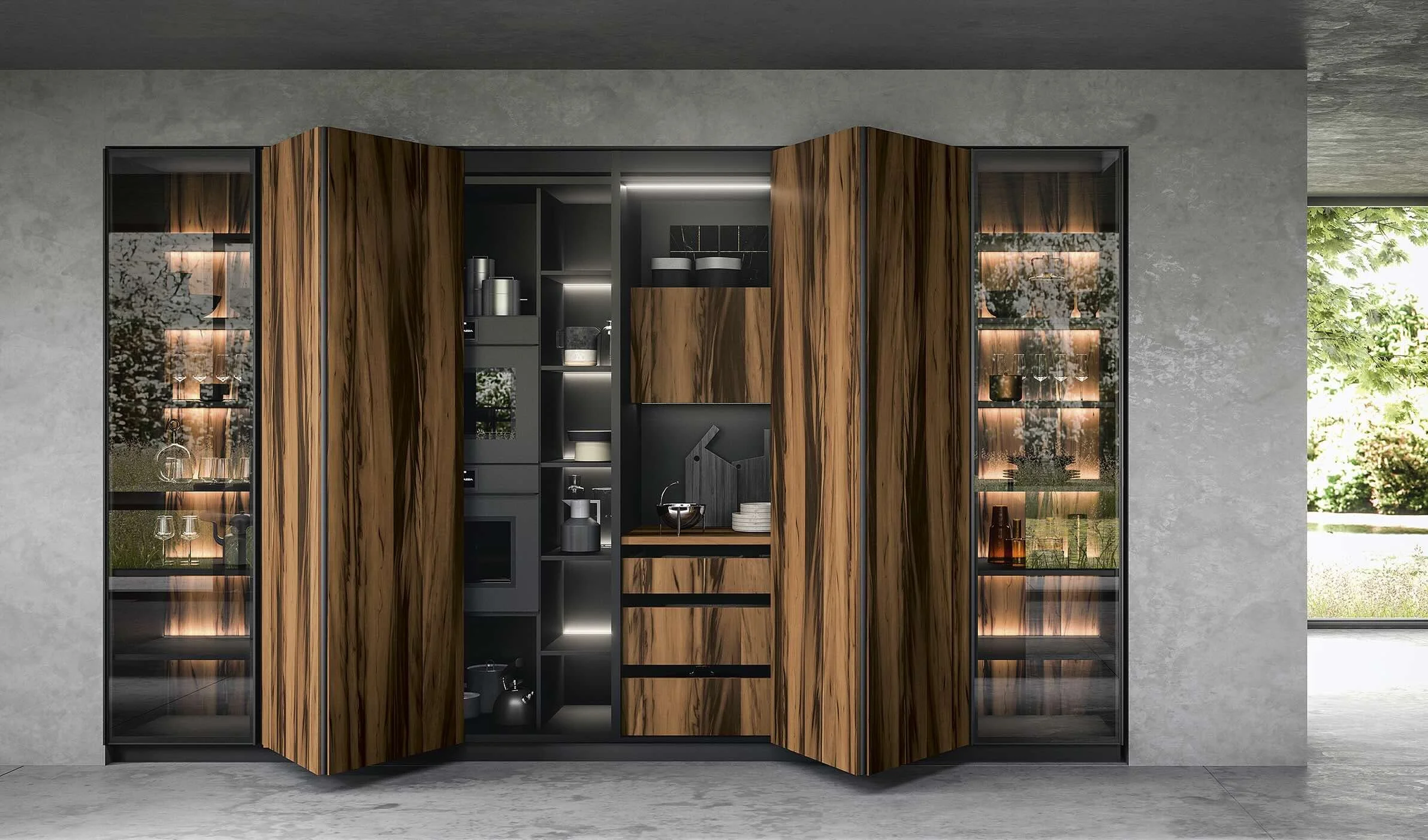 Antares Cucine Sistema Plus Italian modern tall cabinet with wood grain folding doors, illuminated interior shelves and glass display units in Paphos, Cyprus – installed by ArkNova Interiors.