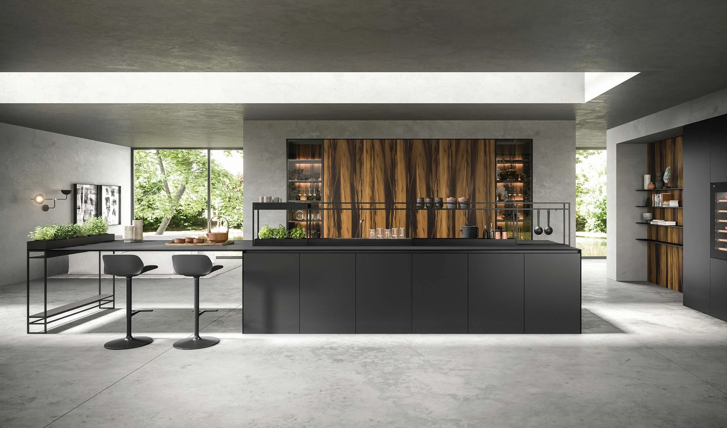 Antares Cucine Sistema Plus Italian modern black kitchen with large central island, bar stools and dramatic wood feature wall in Paphos, Cyprus – designed and supplied by ArkNova Interiors.
