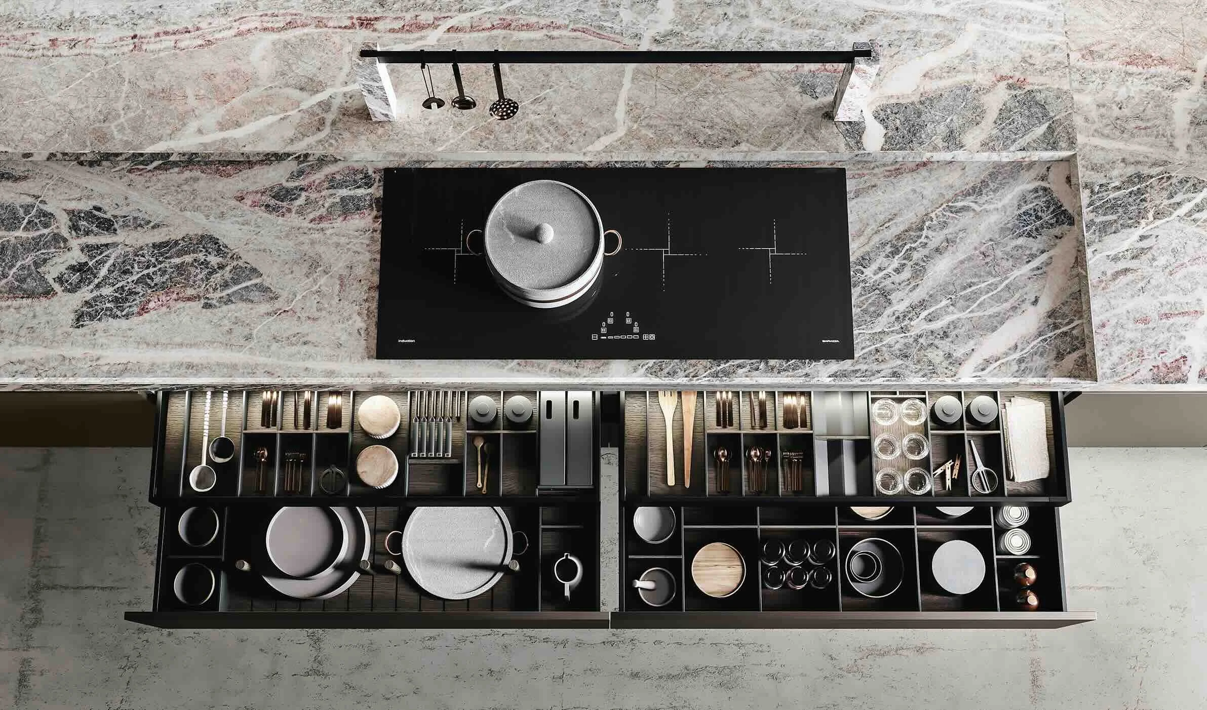 antares-cucine-light-italian-kitchen-open-drawers-organized-cutlery-induction-cooktop-paphos-cyprus-arknova-interiors