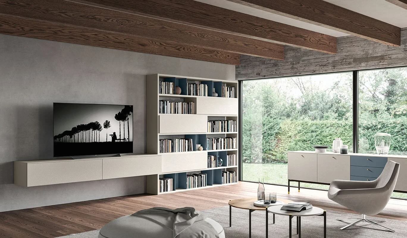 Cinquepuntozero BK07 Italian white modular wall bookcase with integrated TV console at ArkNova Interiors Paphos showroom in Cyprus