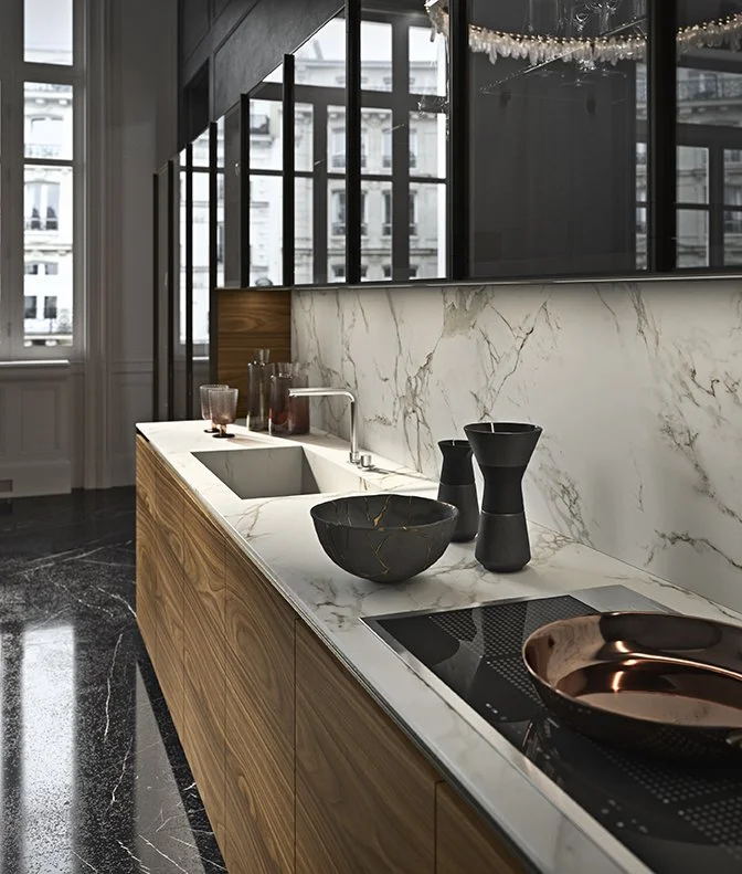 Antares Cucine AK14 Italian kitchen sink area with marble backsplash, black accessories and induction cooktop in Paphos Cyprus by ArkNova Interiors
