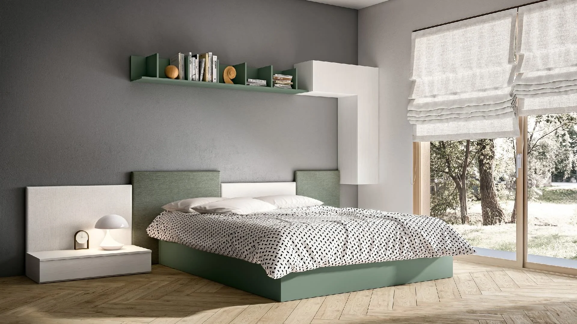 Siloma Set Y07 Italian kids bedroom with double bed, green storage and wall shelving – ArkNova Interiors Cyprus
