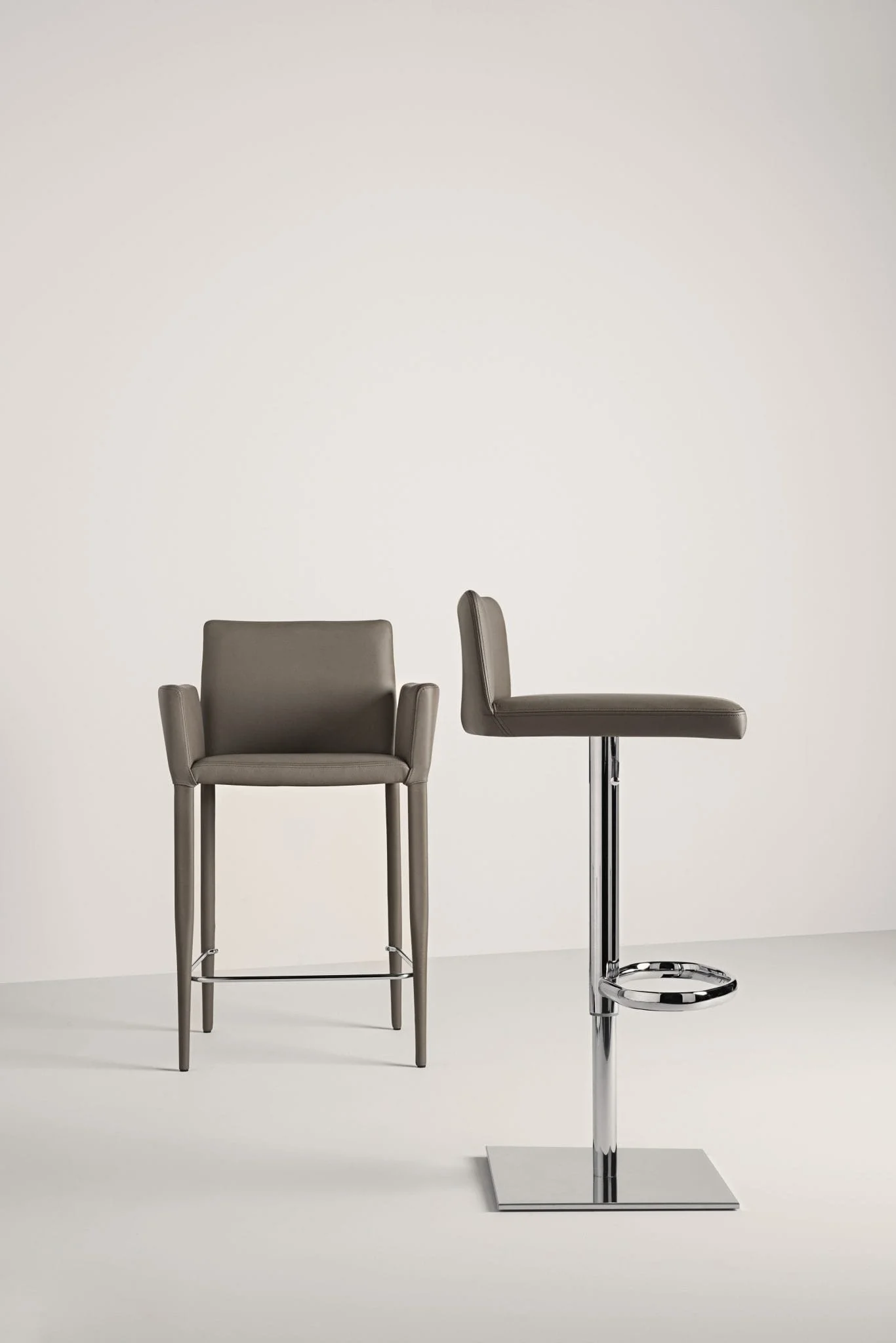 Frag Bella CP Italian beige leather bar stool with arms and chrome base at ArkNova Interiors Paphos showroom in Cyprus