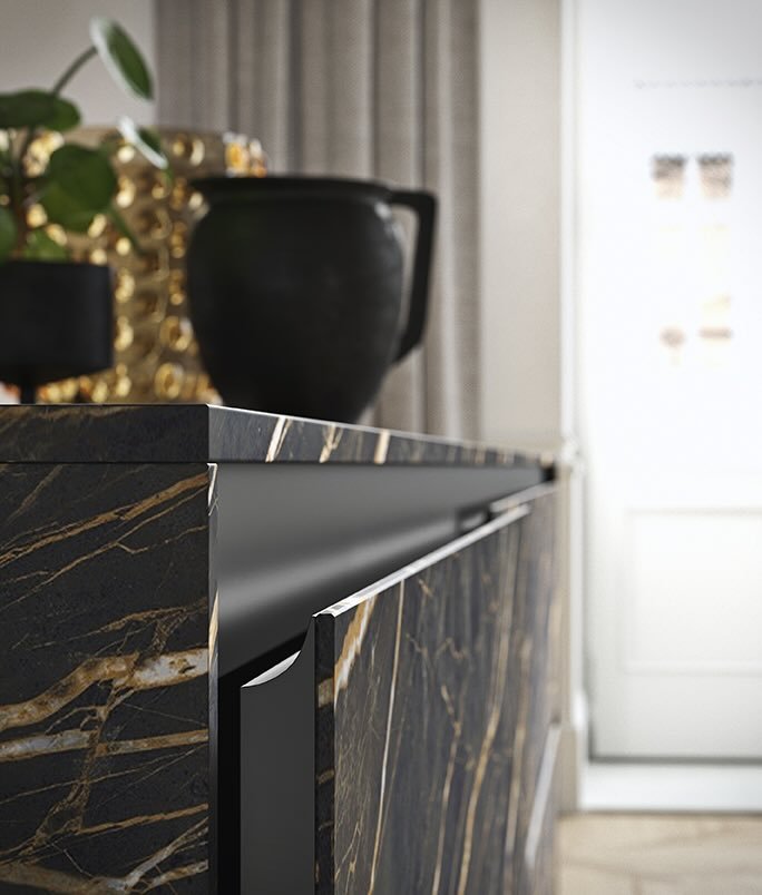 Antares Cucine SKILL FRAME Italian black marble kitchen cabinet detail with matte black handle and gold veining, Paphos Cyprus – ArkNova Interiors