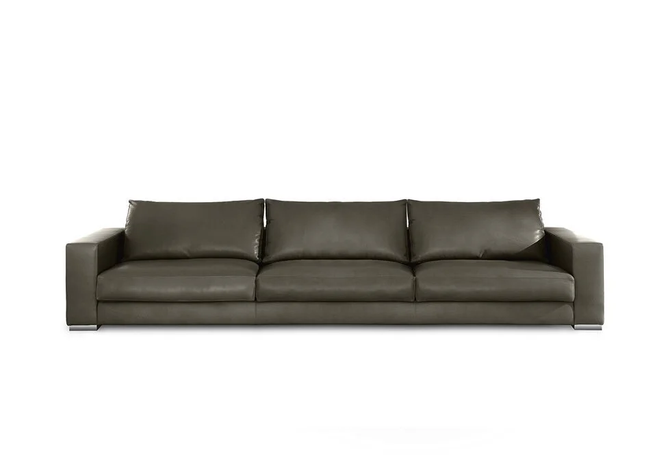 Albani Divani Tortona Raw Edge Italian dark gray leather three-seater sofa with chrome legs, modern design at ArkNova Interiors Paphos showroom in Cyprus