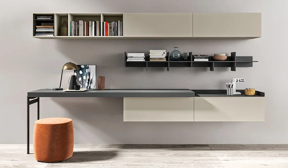 Cinquepuntozero C Leg Bench Italian floating console desk with wall-mounted shelves in beige, modern design at ArkNova Interiors Paphos showroom in Cyprus