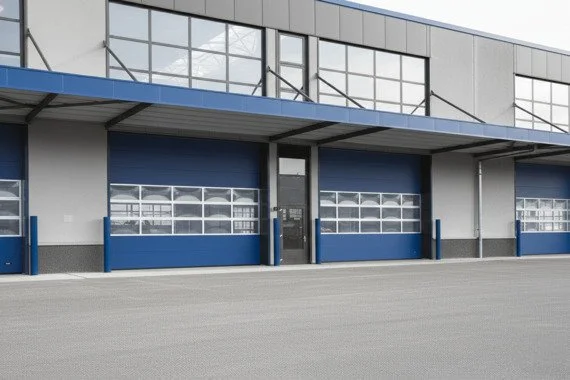 Novoferm Thermo Italian blue sectional industrial doors with windows on commercial building at ArkNova Interiors Paphos Cyprus