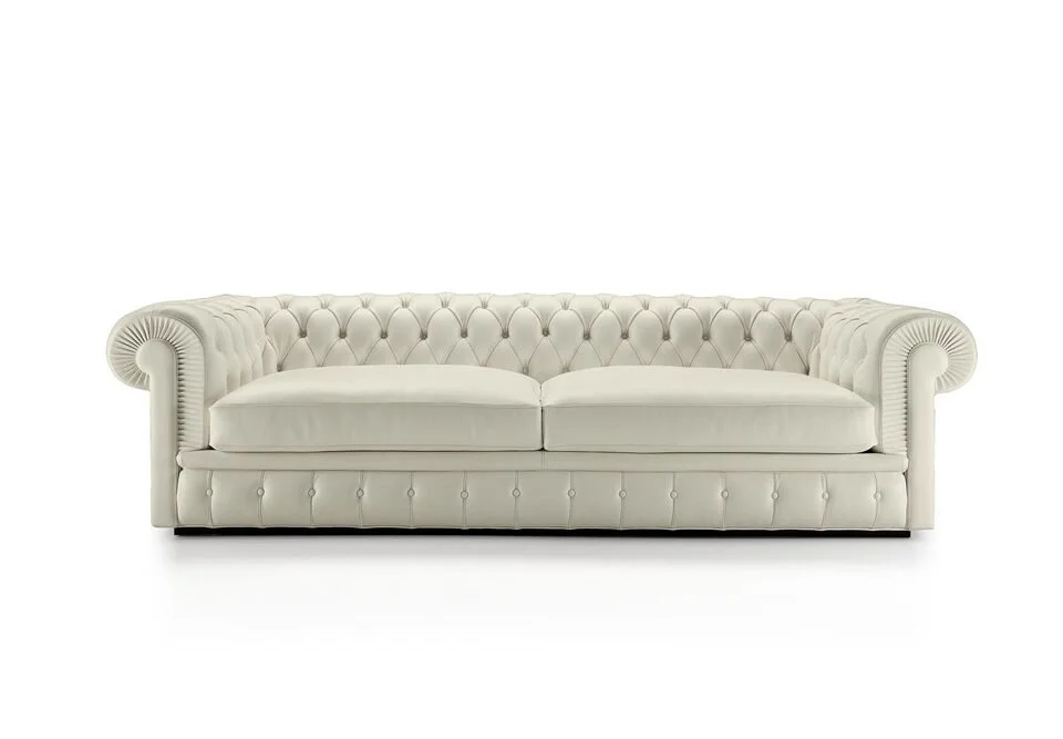 Albani Divani Chesterfield Big Italian white large three-seater sofa, classic tufted design at ArkNova Interiors Paphos showroom in Cyprus
