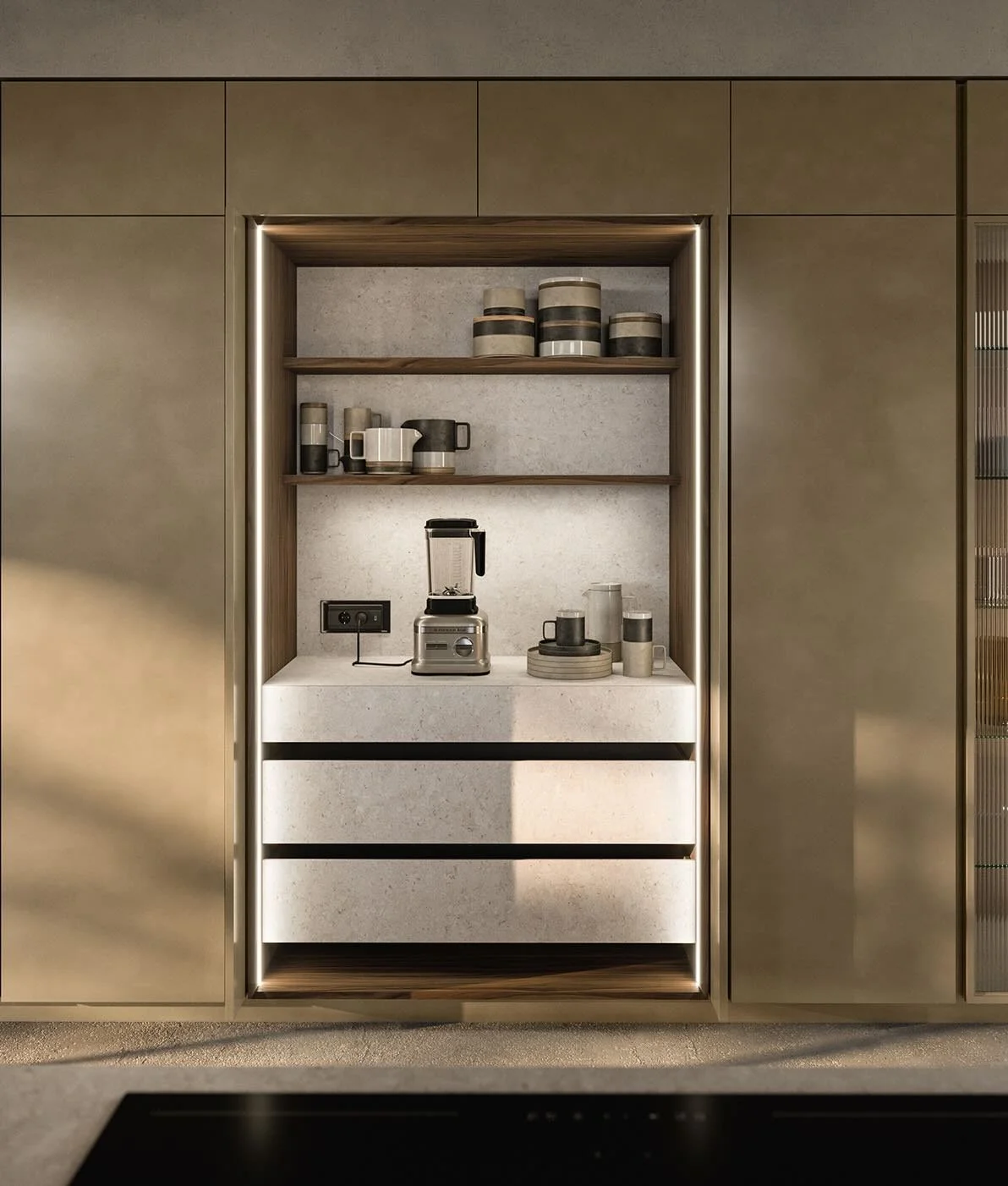Antares Cucine Sistema Italian kitchen illuminated coffee station niche, available at ArkNova Interiors Cyprus