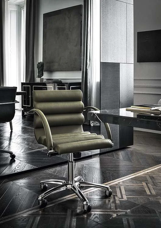 Frag Canouan D Italian green leather office chair with ribbed back and chrome base at ArkNova Interiors Paphos showroom in Cyprus