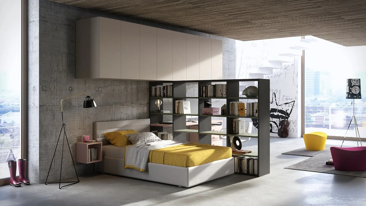 Italian Siloma Set Y10 contemporary young bedroom with large wardrobe and natural light at ArkNova Interiors Paphos showroom in Cyprus