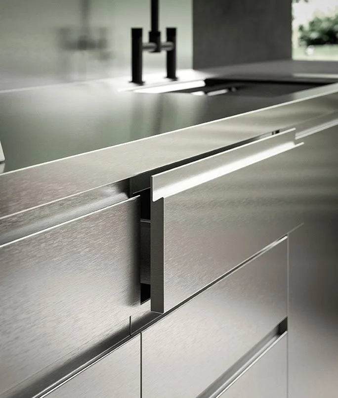 Antares Cucine Acciaio Outdoor Italian outdoor kitchen stainless steel handle detail, available at ArkNova Interiors Cyprus