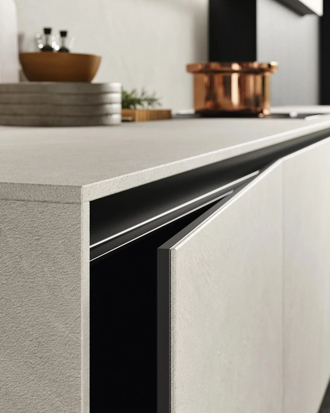 Antares Cucine Skill Box Italian kitchen cabinetry with textured matte grey finish and integrated black handle detail on solid surface countertop, modern design kitchens installed by ArkNova Interiors in Paphos Cyprus