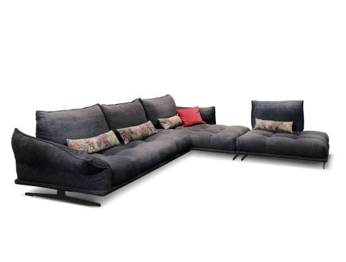 Miki Ferrari Cassandra Italian dark gray large L-shaped sectional sofa with pillows, contemporary design at ArkNova Interiors Paphos showroom in Cyprus