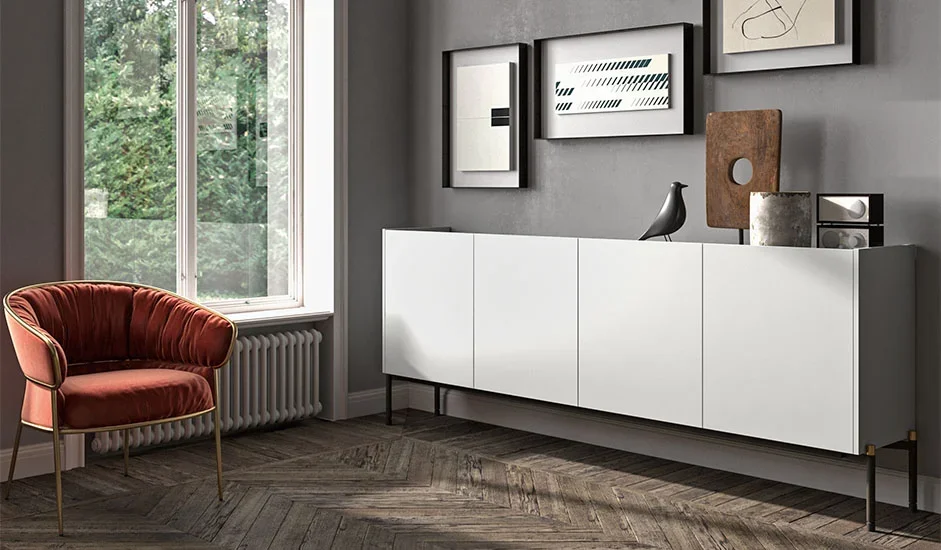 Italian Cinquepuntozero LK03 white modern sideboard with wall-mounted units at ArkNova Interiors Paphos showroom in Cyprus