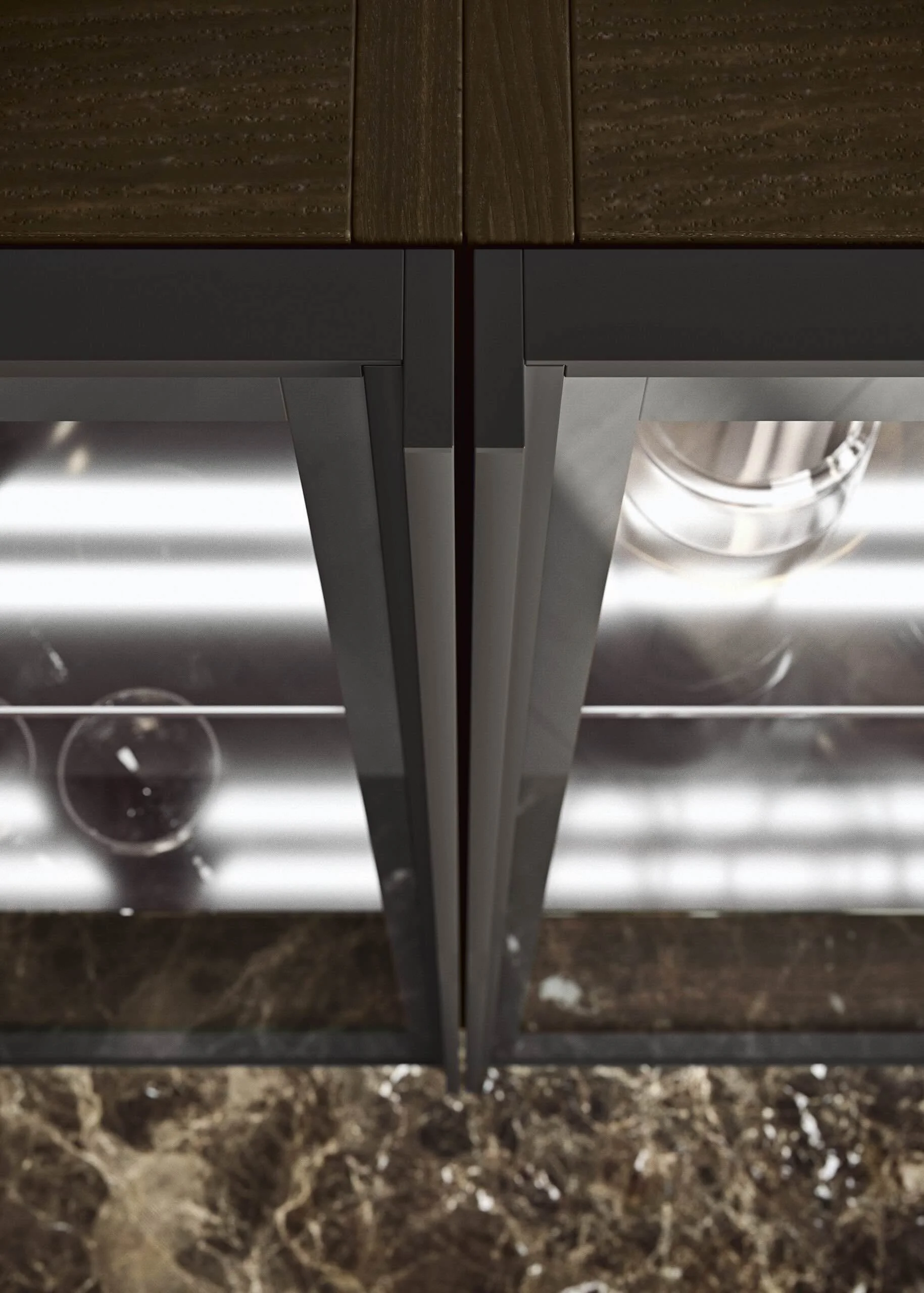 Antares Cucine AS10 Line Italian kitchen cabinet detail showing dark wood, glass and illuminated interior in Paphos, Cyprus by ArkNova Interiors