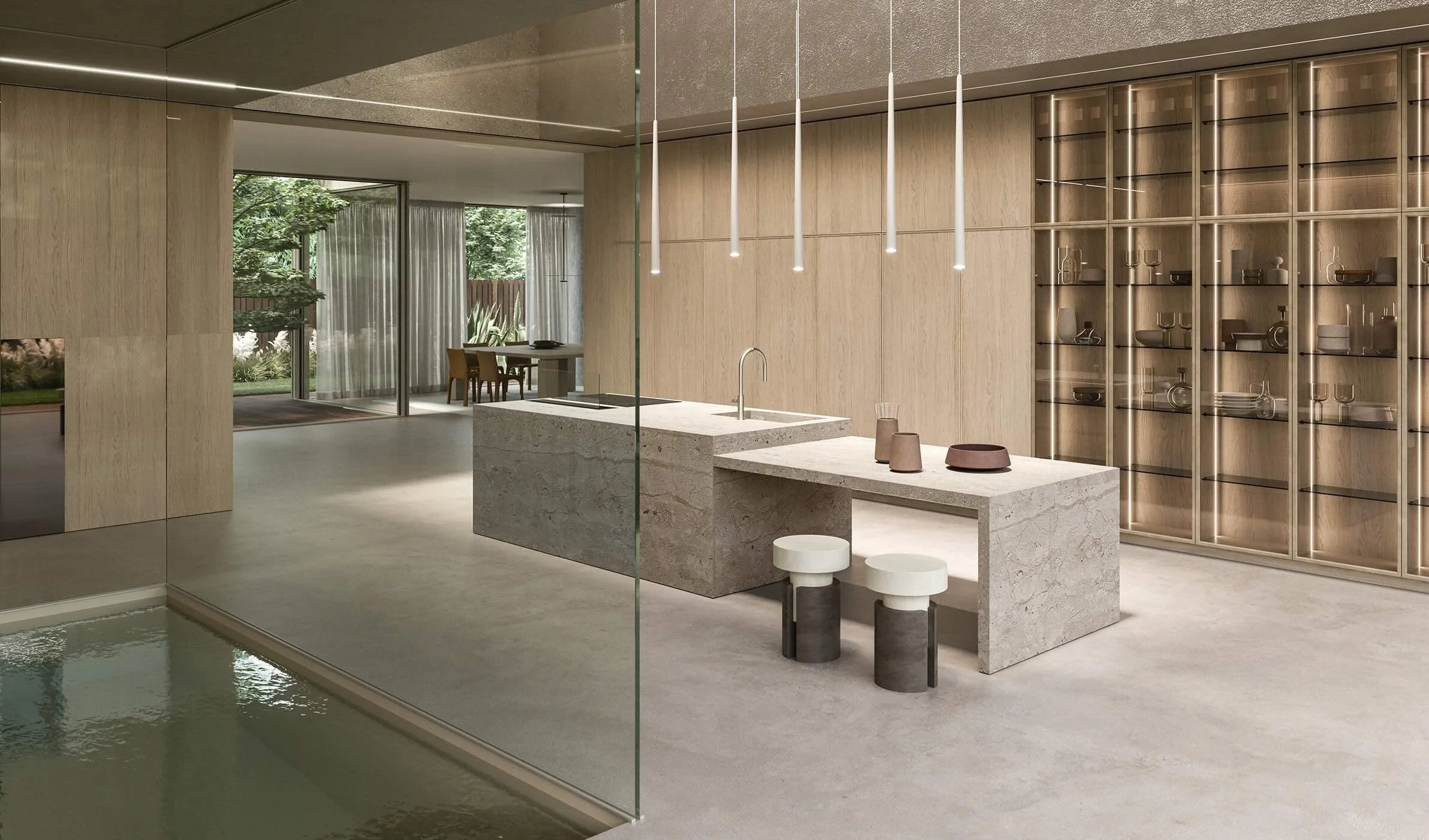 Antares Cucine TK 22 Wood Italian kitchen with stone island and illuminated glass cabinets, available at ArkNova Interiors Cyprus