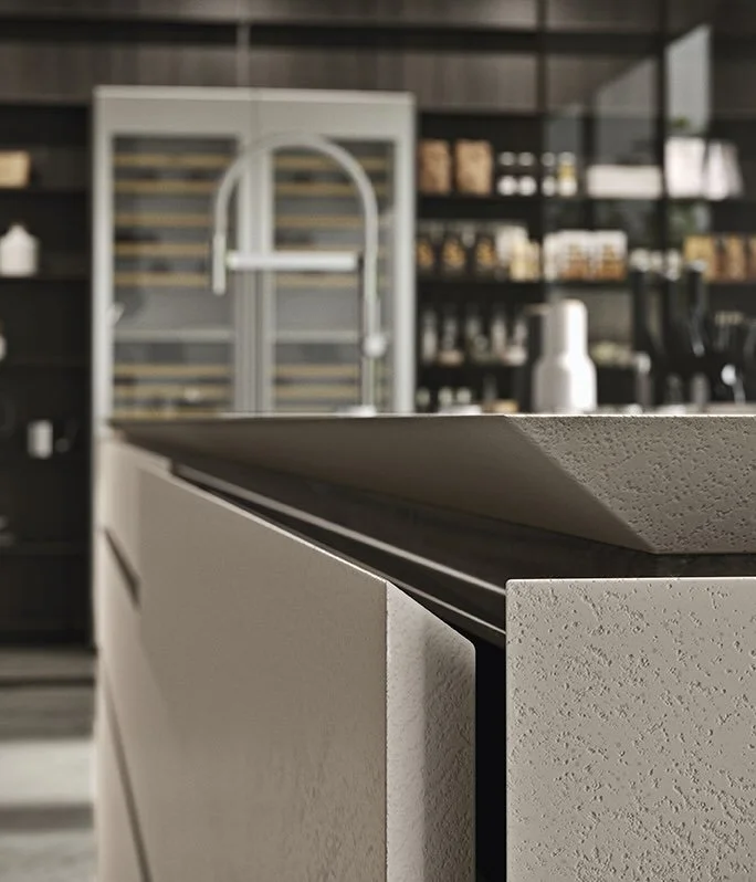 Antares Cucine MOOD Italian kitchen island with speckled countertop and modern edge detail in Paphos, Cyprus by ArkNova Interiors