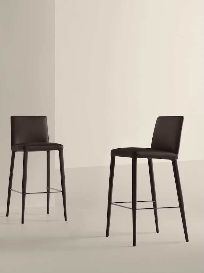 Frag Bella B Italian black leather bar stools with chrome footrest at ArkNova Interiors Paphos showroom in Cyprus