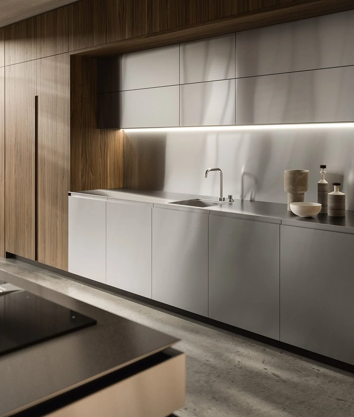 Antares Cucine Mood Italian kitchen wall units with under-cabinet lighting and stainless steel worktop, available at ArkNova Interiors Cyprus