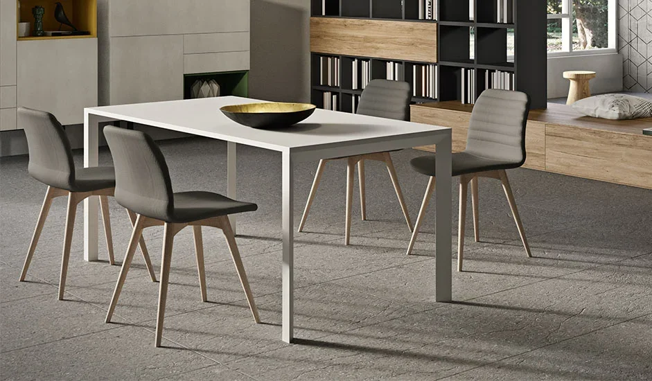 Cinquepuntozero Arco Italian white rectangular dining table with grey upholstered chairs, modern design at ArkNova Interiors Paphos showroom in Cyprus