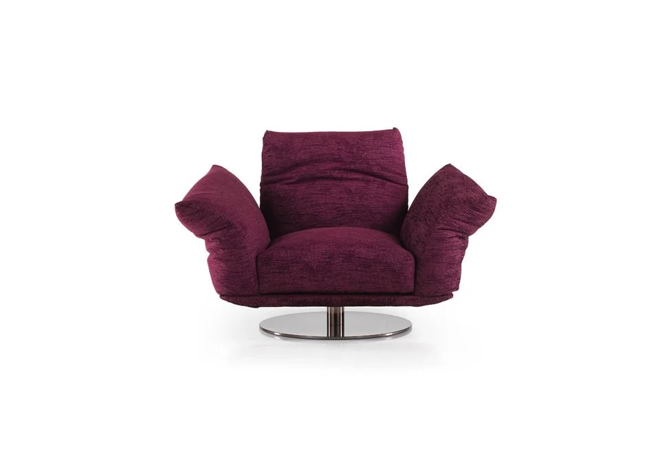 Albani Divani Contemporaneo 20 poltrona Italian burgundy fabric swivel armchair at ArkNova Interiors Paphos showroom in Cyprus