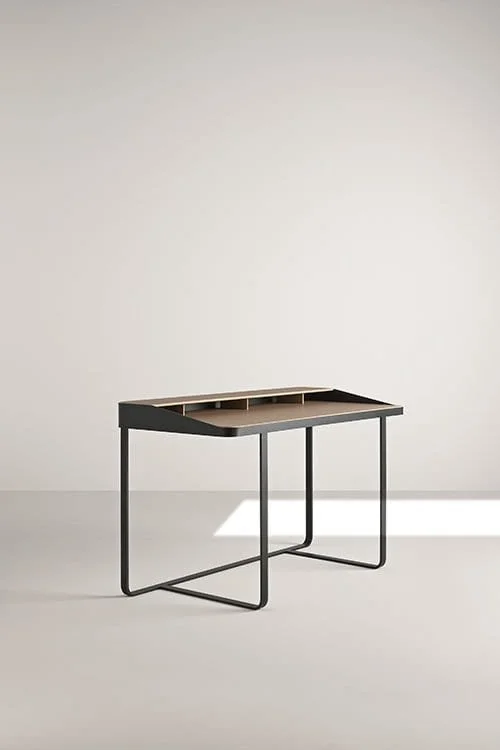 Frag Twain Italian black metal and wood desk with integrated back shelf, contemporary design at ArkNova Interiors Paphos showroom in Cyprus