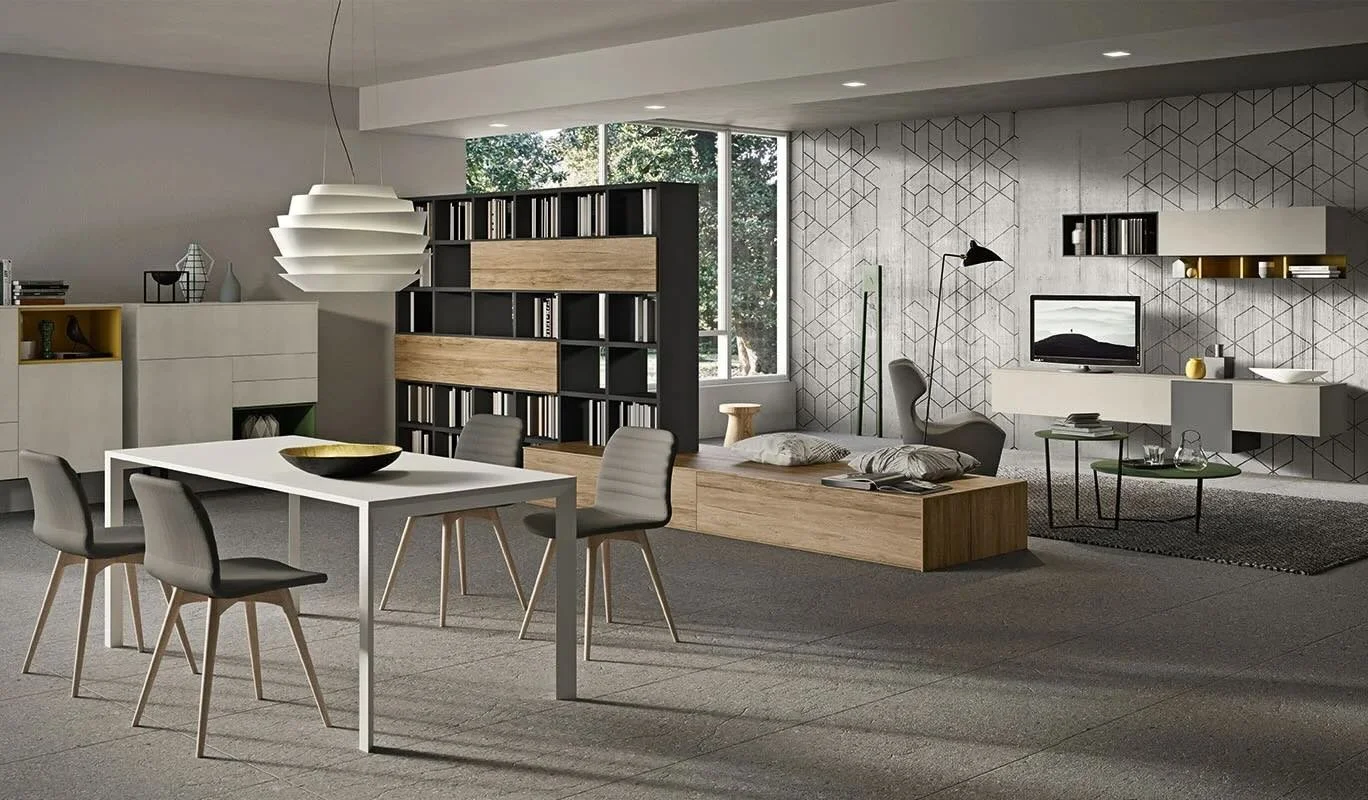 Cinquepuntozero BK04 Italian black and wood modular wall bookcase in open-plan living space at ArkNova Interiors Paphos showroom in Cyprus