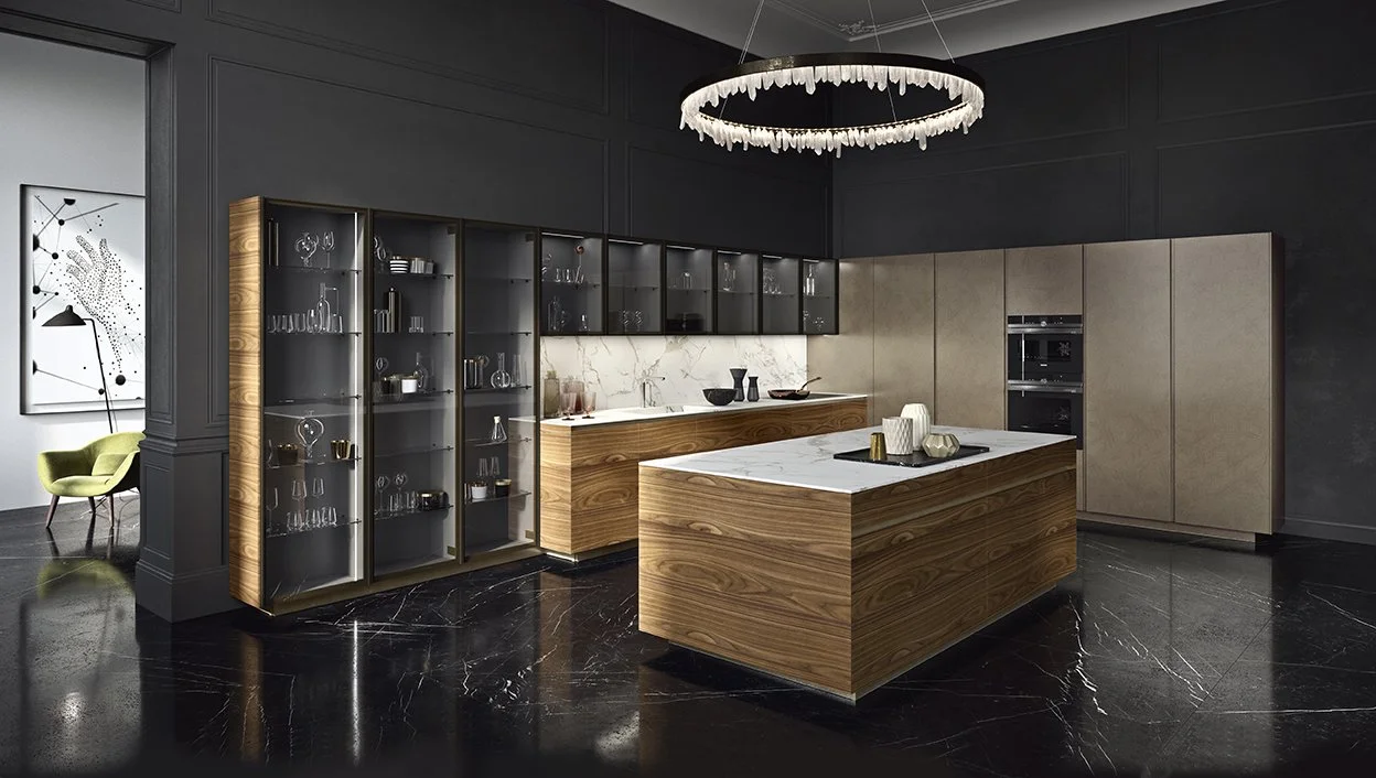 Antares Cucine AK14 Italian modern kitchen with central island, glass display cabinets and marble surfaces in Paphos Cyprus by ArkNova Interiors