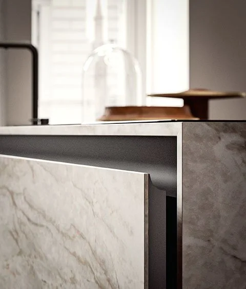 Antares Cucine Skill Frame Italian kitchen marble worktop edge detail, available at ArkNova Interiors Cyprus