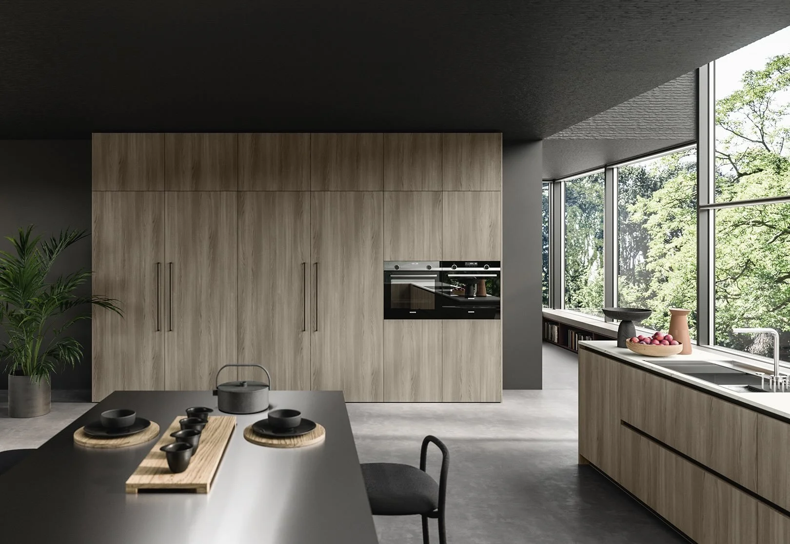 Antares Cucine MK18_M Italian modern kitchen with light wood tall cabinets, black central island and expansive forest-view windows at ArkNova Interiors in Paphos Cyprus