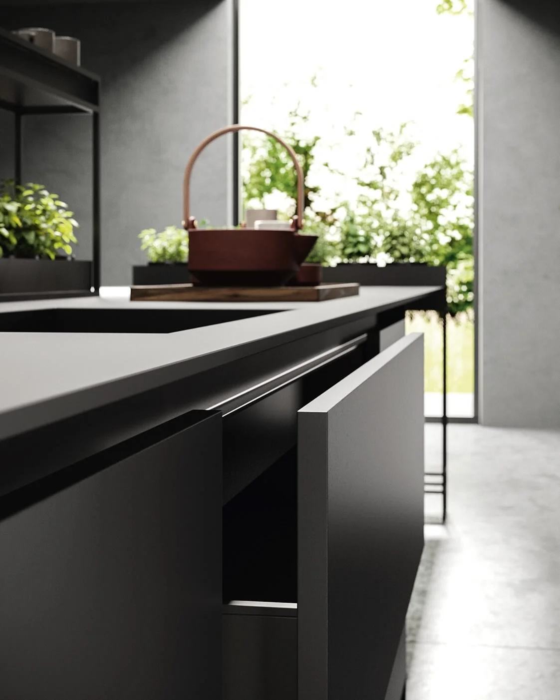 Antares Cucine Sistema Plus Italian minimalist black kitchen close-up detail showing undermount sink and sleek matte handleless cabinetry in Paphos, Cyprus – by ArkNova Interiors.