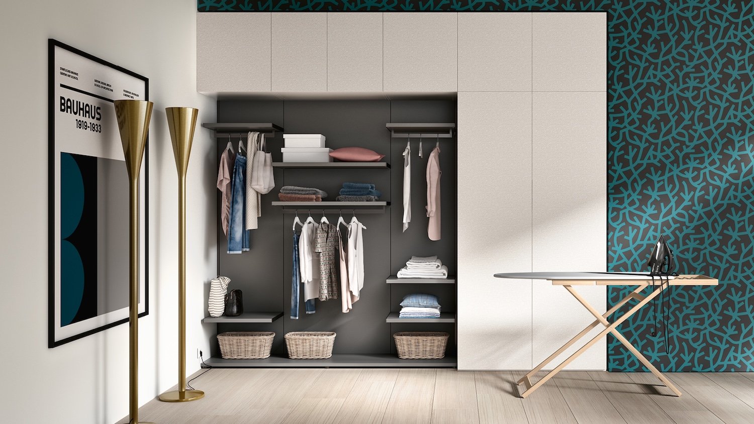 Italian Siloma modern ironing room organization and storage solution at ArkNova Interiors Paphos showroom in Cyprus
