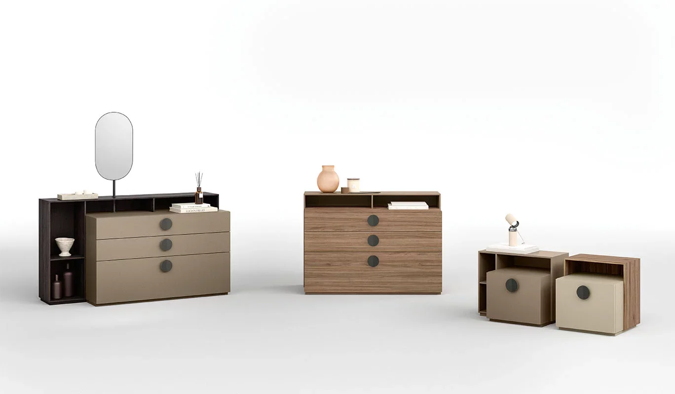 Italian Cinquepuntozero Tenone modern bedroom storage collection with dressers and nightstands at ArkNova Interiors Paphos showroom in Cyprus