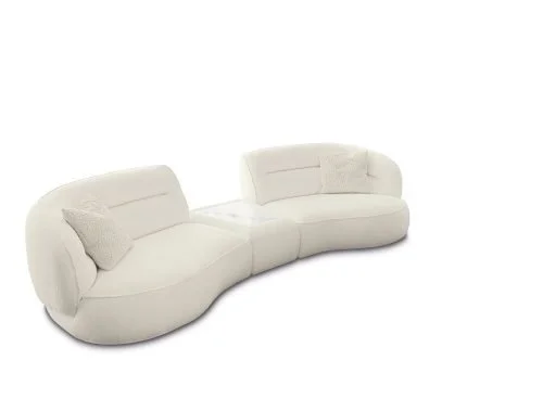 Miki Ferrari Ambrè Italian white curved modular sectional sofa with central table, modern design at ArkNova Interiors Paphos showroom in Cyprus