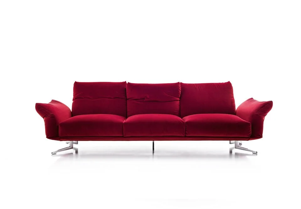 Albani Divani Contemporaneo 20 Piede Sbalzo Italian red three-seater sofa with chrome legs, modern design at ArkNova Interiors Paphos showroom in Cyprus