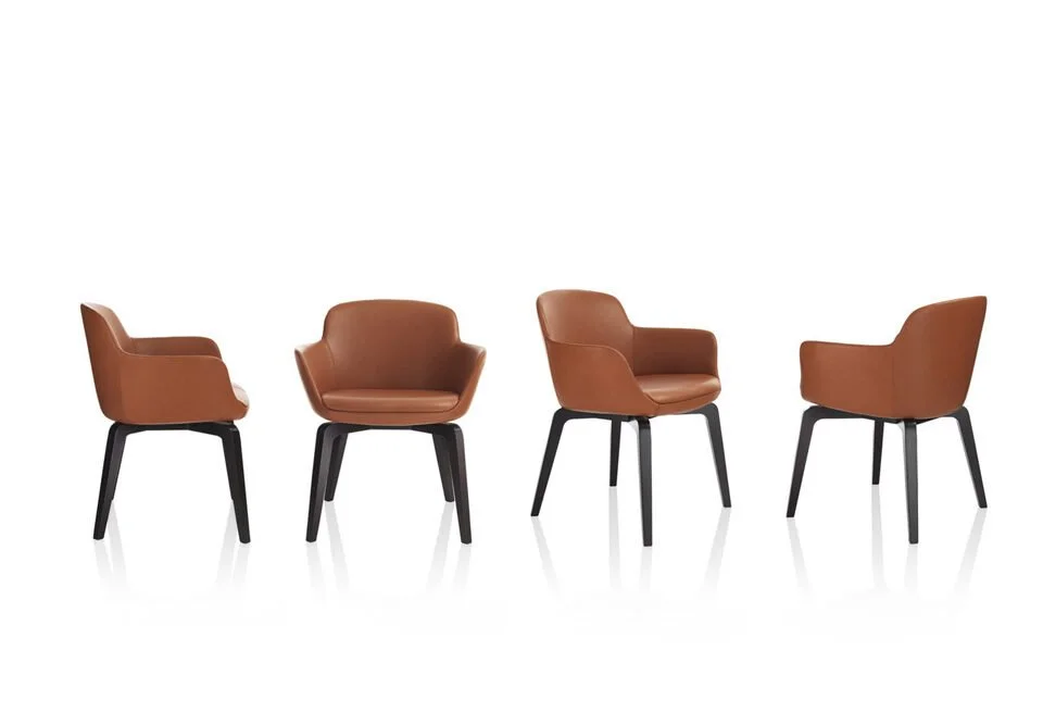 Albani Divani Pess Italian brown leather dining armchair with black wooden legs, contemporary design at ArkNova Interiors Paphos showroom in Cyprus