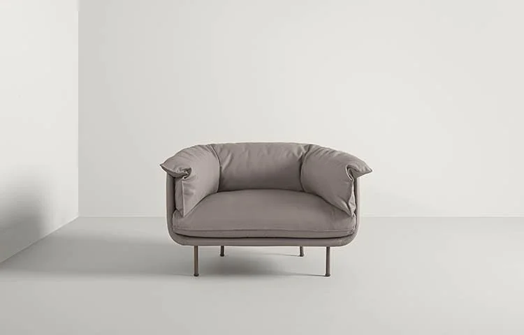 Frag Winnie Italian light gray fabric low armchair at ArkNova Interiors Paphos showroom in Cyprus