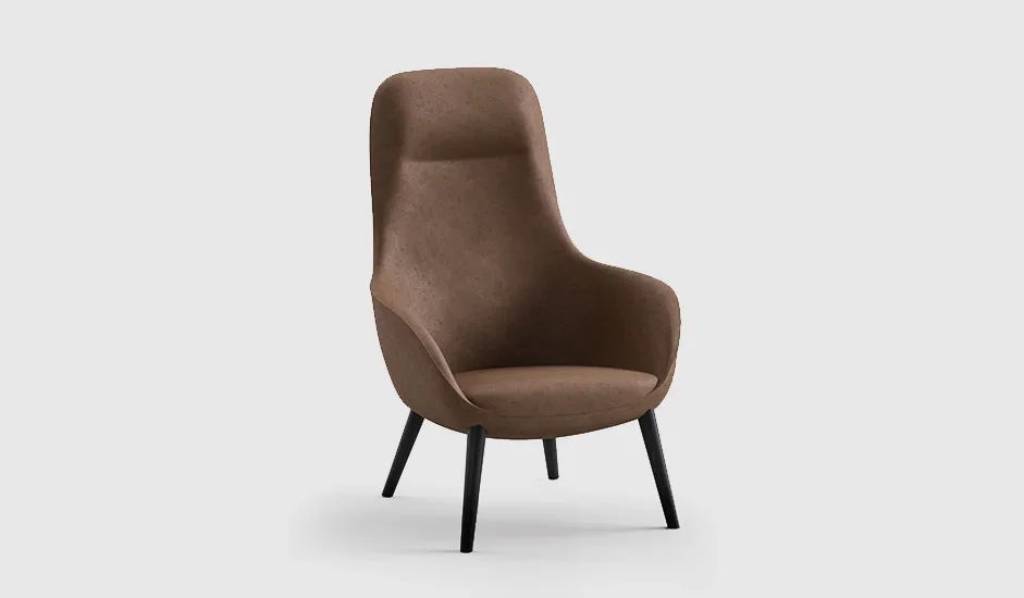 Cinquepuntozero Iris Italian brown fabric high-back armchair with black legs at ArkNova Interiors Paphos showroom in Cyprus