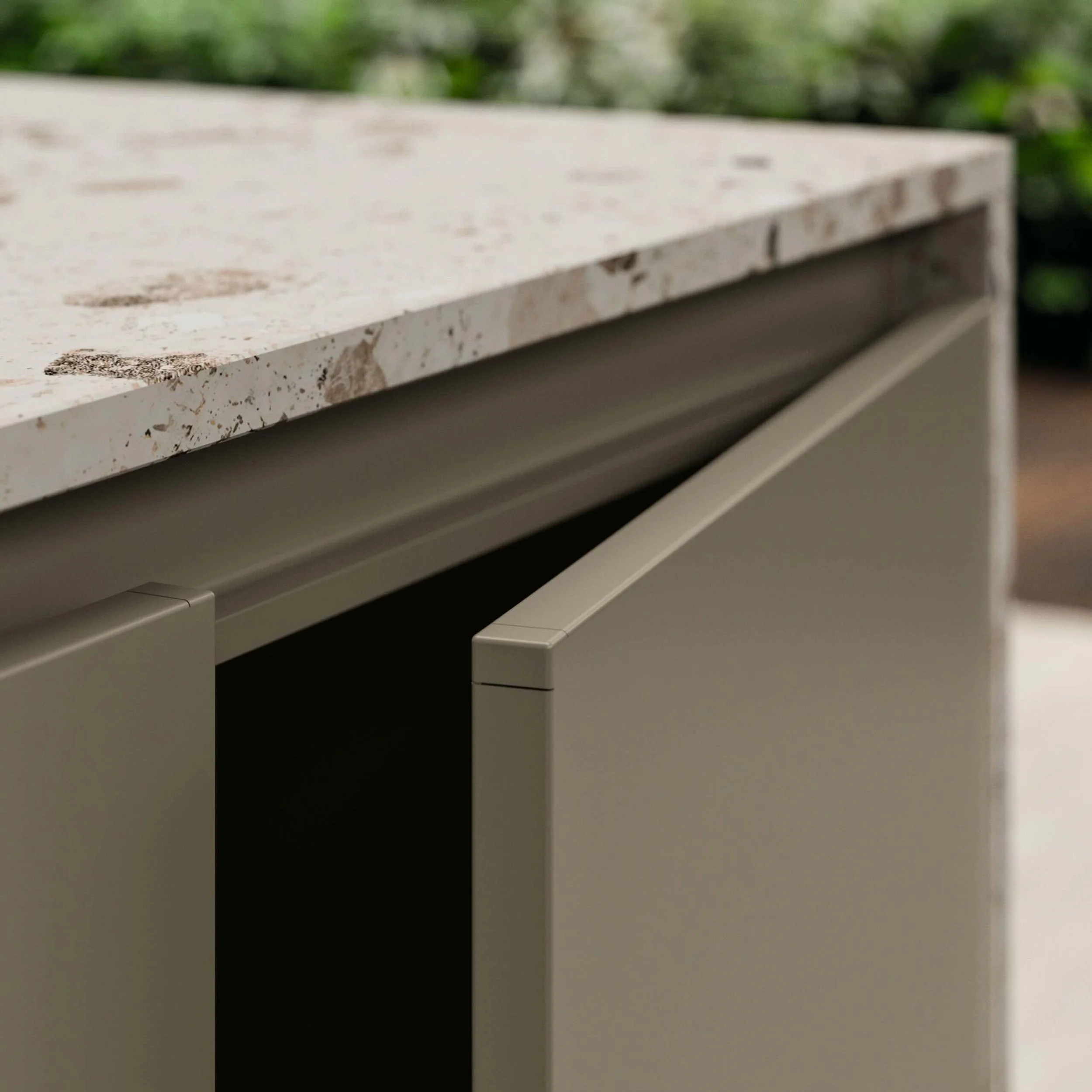 Antares Cucine Alluminio Outdoor Italian outdoor kitchen door detail with stone worktop, available at ArkNova Interiors Cyprus