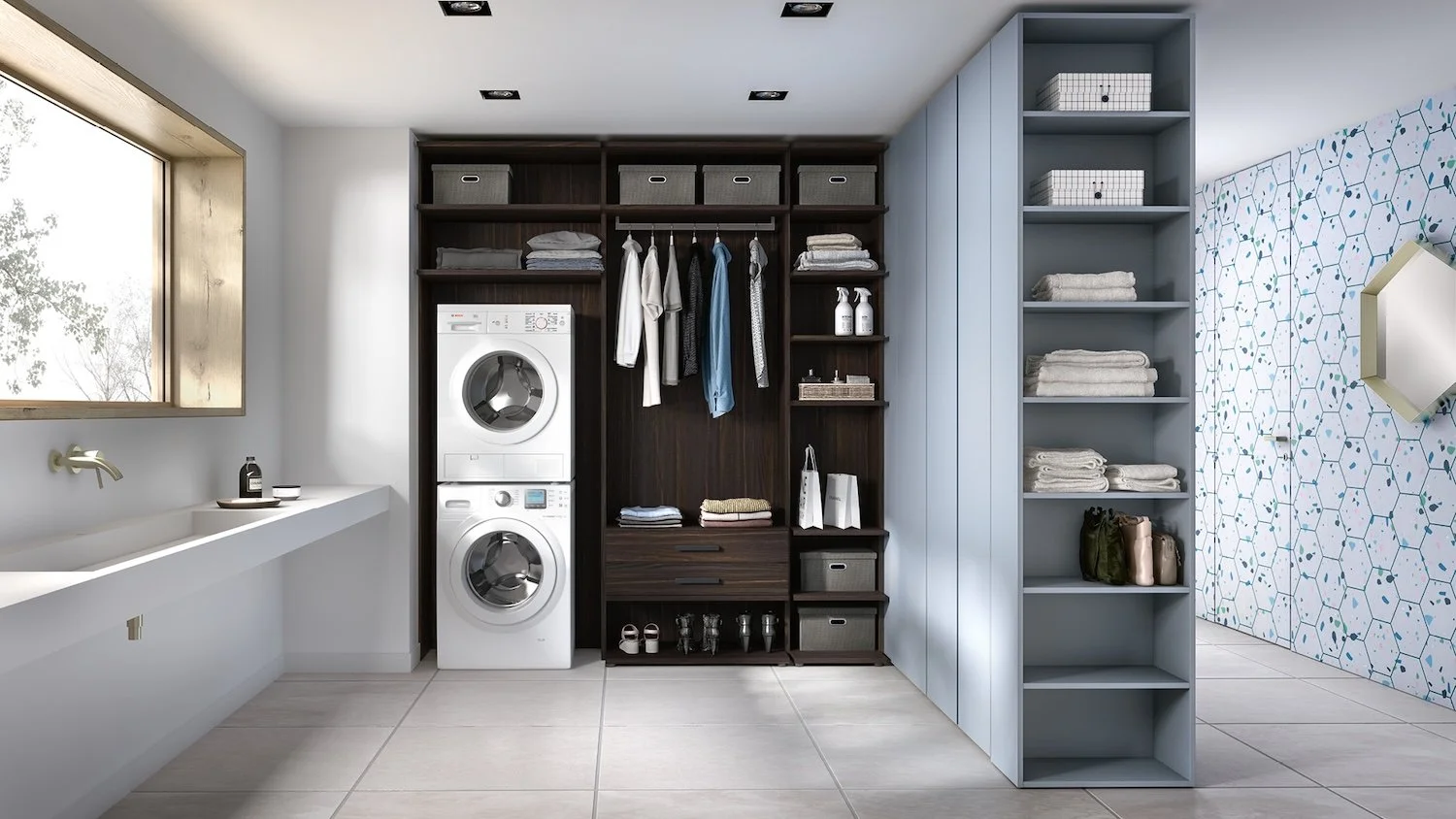 Italian Siloma laundry room wardrobe system with integrated appliances and organization at ArkNova Interiors Paphos showroom in Cyprus