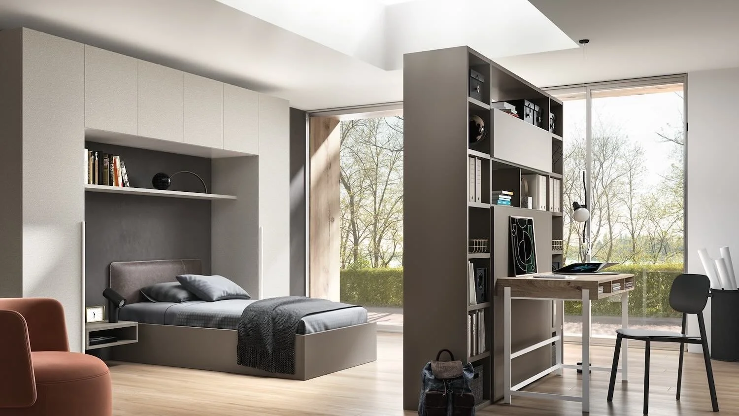Italian Siloma Set Y02 modern gray young bedroom featuring desk and tall modular shelving at ArkNova Interiors Paphos Cyprus