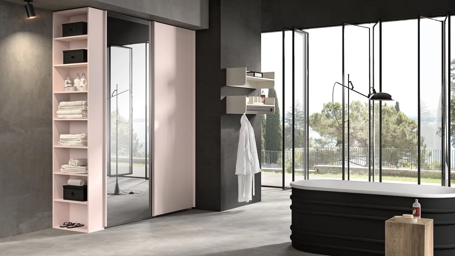 Italian Siloma modern dressing room storage solution with open shelving at ArkNova Interiors Paphos showroom in Cyprus
